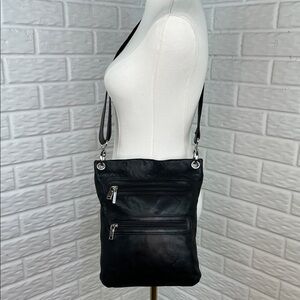 MARGOT ANTHROPOLOGIE DOUBLE ZIP SOFT BLACK GENUINE LEATHER CROSSBODY BAG